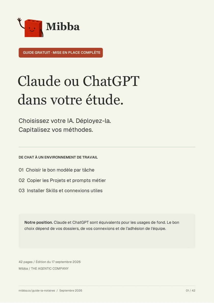 Guide gratuit Claude ou ChatGPT dans votre étude, avec le logo officiel Mibba