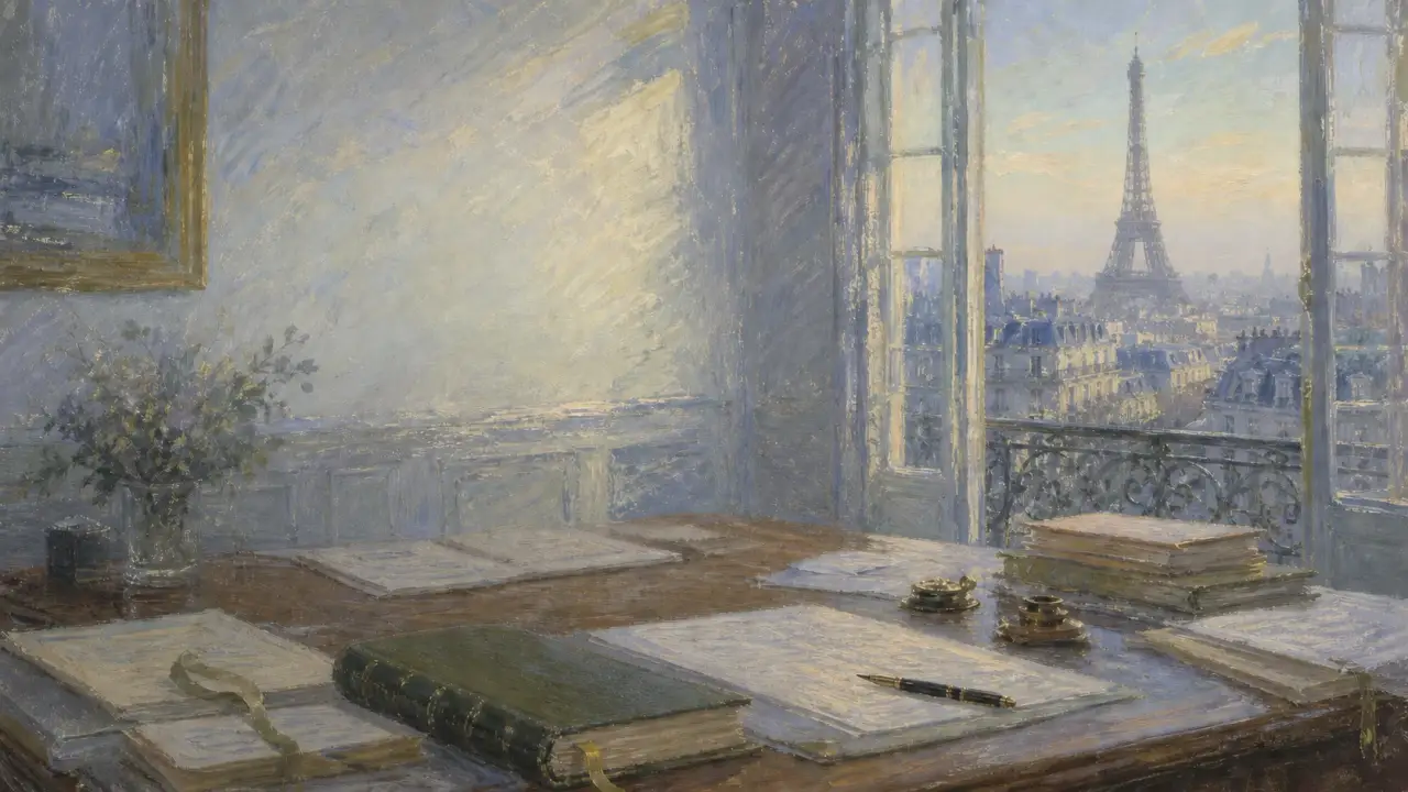 Des dossiers reliés sur la table d’une étude notariale, face à la tour Eiffel au lever du jour.